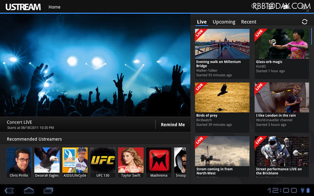 Android 3.0搭載タブレットでのUstream視聴画面 Android 3.0搭載タブレットでのUstream視聴画面