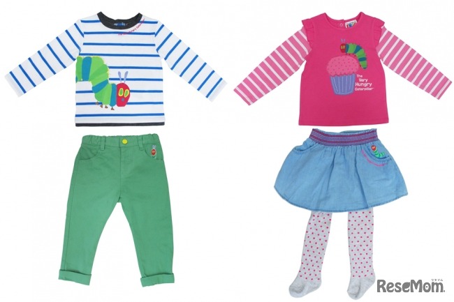 ベビーウェア（左）男の子長袖Tシャツ1,618円・チノパンツ2,698円（右）女の子長袖Tシャツ1,834円・スカート＆レギンスセット2,698円（すべて税込み）　(c) 2015 Eric Carle LLC. ERIC CARLE, THE VERY HUNGRY CATERPILLAR, THE WOLRD OF ERIC CARLE logo, the Caterpillar logo and related designs, logos and names are trademarks and/or registered trademarks of Eric Carle LLC. All rights reserved, “The Very Hungry Caterpillar” is published by Kaisei-sha Publishing Co., Ltd.