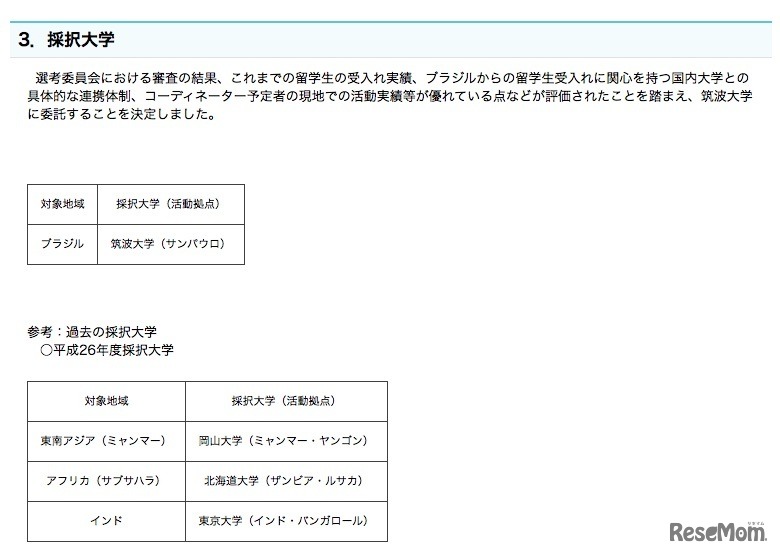 平成26年度および平成27年度の採択大学