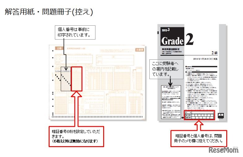 個人番号と暗証番号の記載場所（準会場受験者）