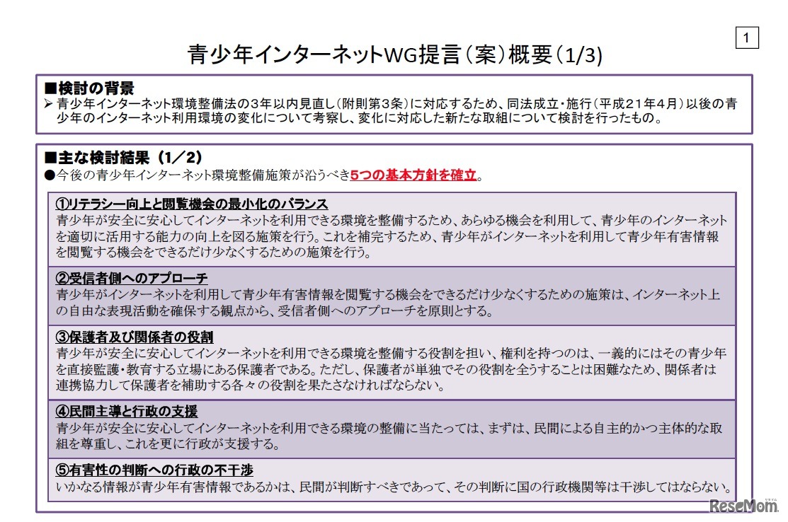 青少年インターネットWG提言（案）概要（1/3)