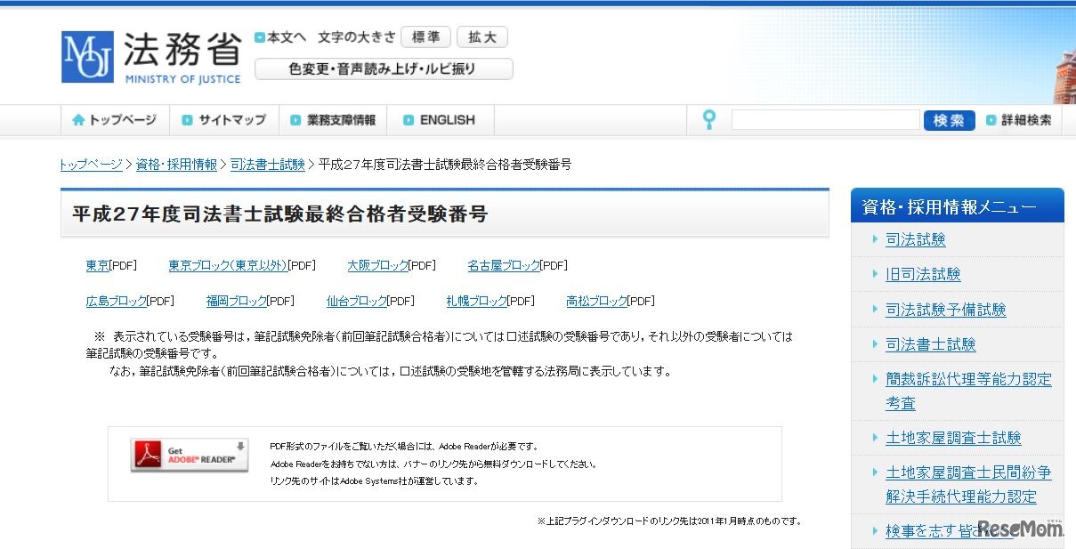 平成27年度司法書士試験最終合格者受験番号