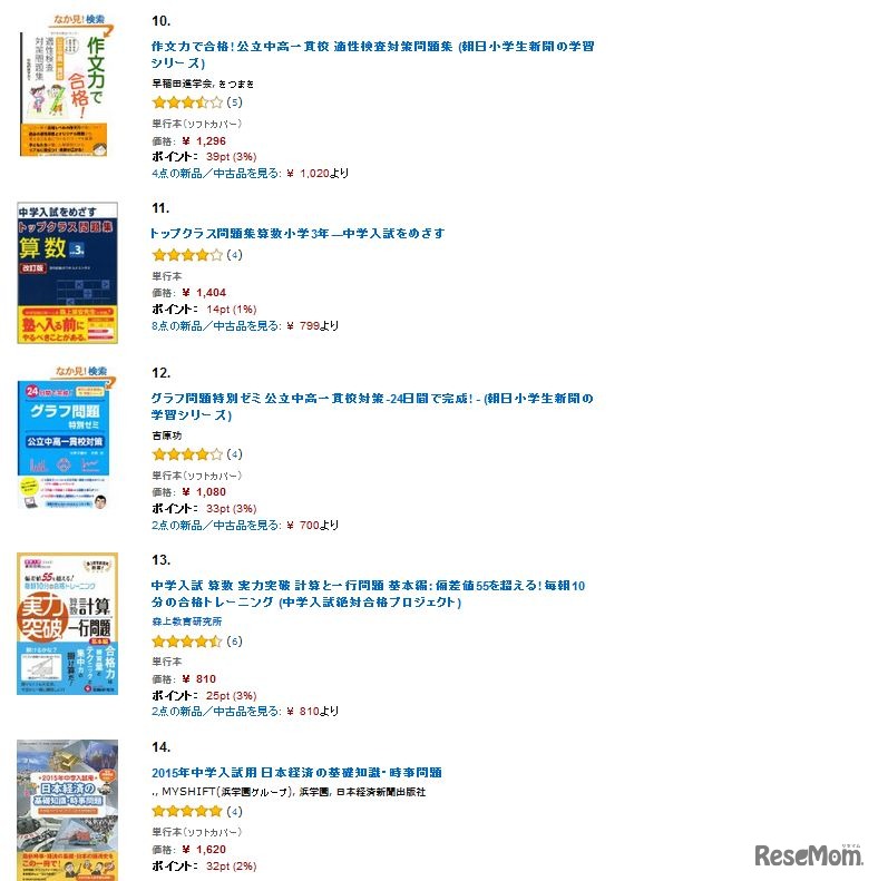 中学受験入試問題集の売れ筋ランキング（10位~14位）