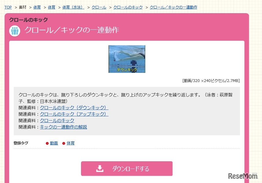 「クロール／キックの一連動作」動画ダウンロード画面