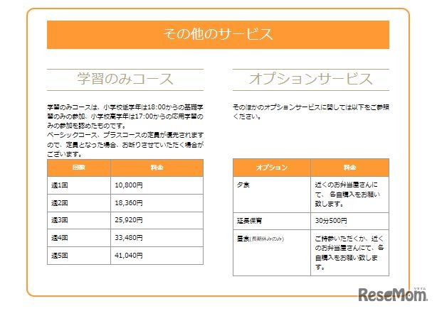 利用料金／オプションコースなど