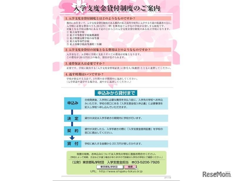東京都私学財団「私立高等学校等入学支度金」貸付事業のリーフレット