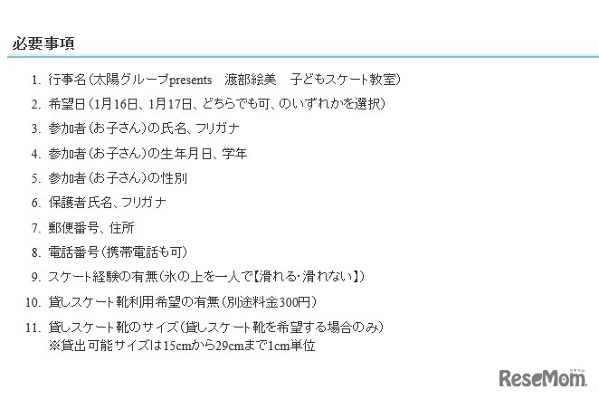 申込みの必要事項