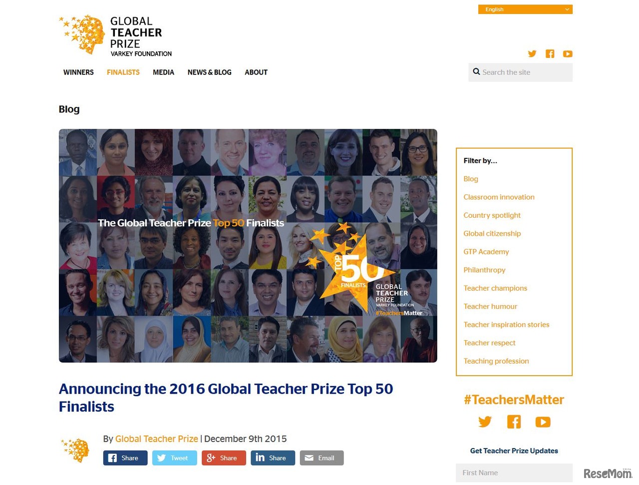 Varkey Foundation「the 2016 Global Teacher Prize Top 50」