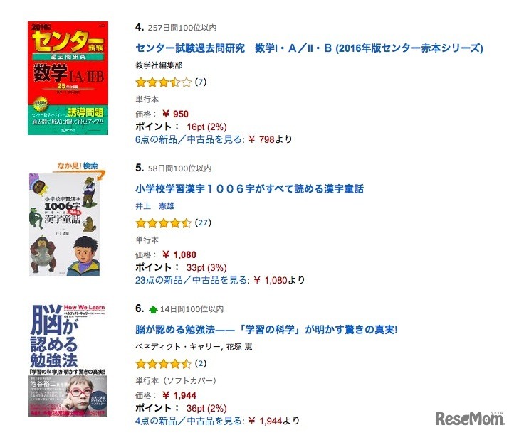 アマゾン「教育・学参・受験の売れ筋ランキング」4位～6位
