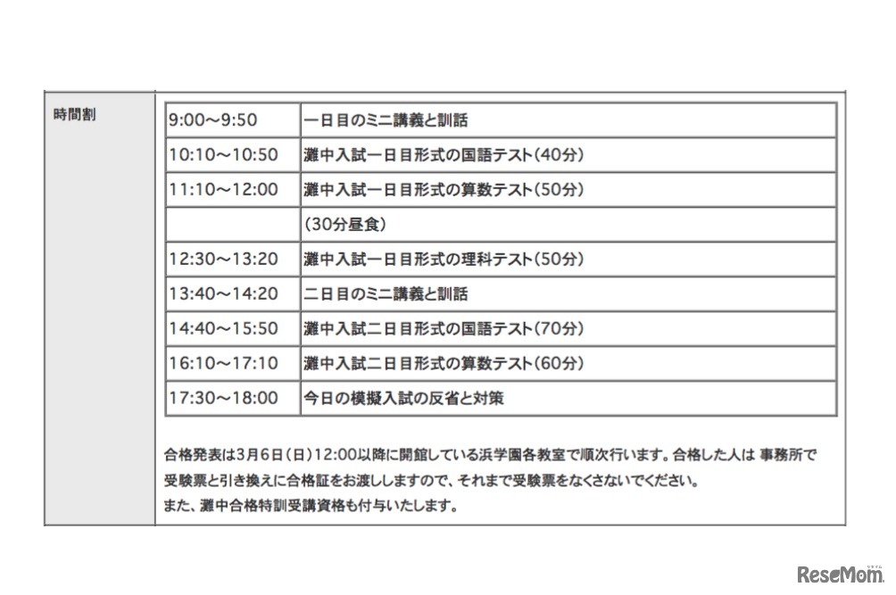 新小6生対象・第1回「灘中オープン模擬入試」時間割