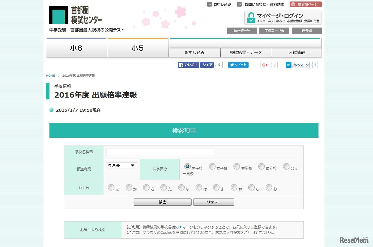 首都圏模試センター「出願倍率速報」
