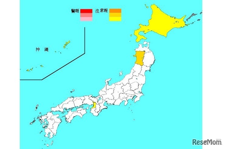 第53週（2015年12月28日～2016年1月3日）のインフルエンザ流行レベルマップ