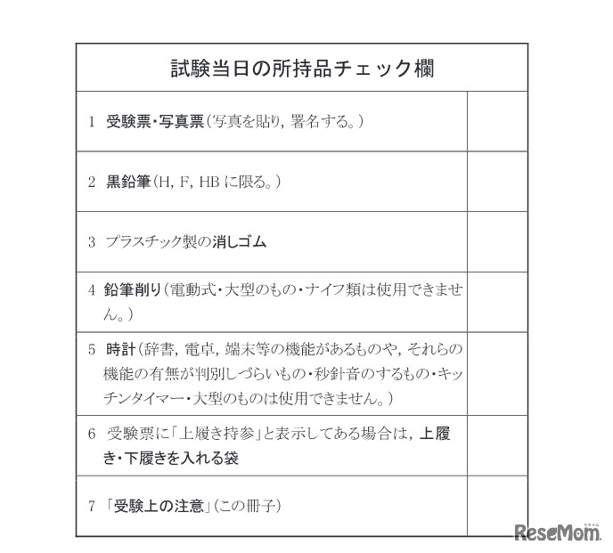 「試験当日の所持品チェック欄（出典：大学入試センター「受験上の注意」）