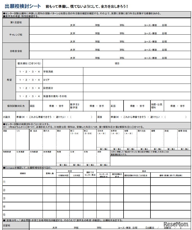 出願校検討シート