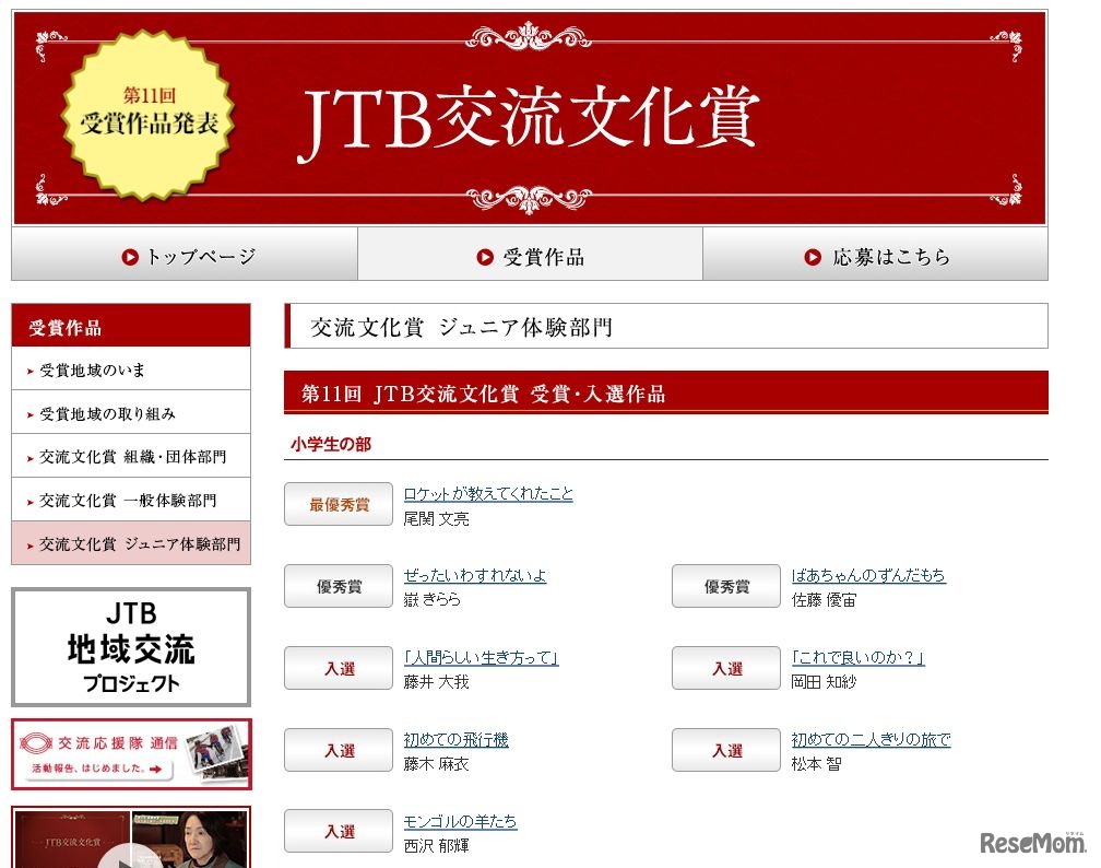 JTB交流文化賞　受賞・入選作品一覧