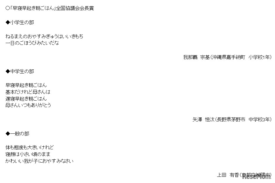 受賞作品（「早寝早起き朝ごはん」全国協議会会長賞）