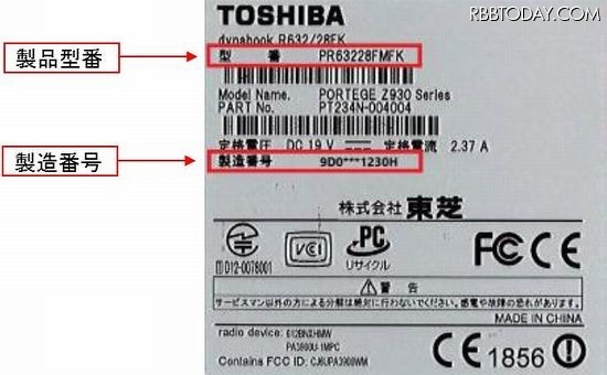 パソコン本体の裏面に貼付のシールから「製品型番」と「製造番号」を確認できる