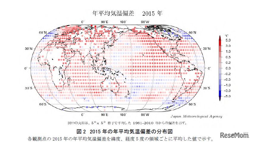 2015 年の年平均気温偏差の分布図