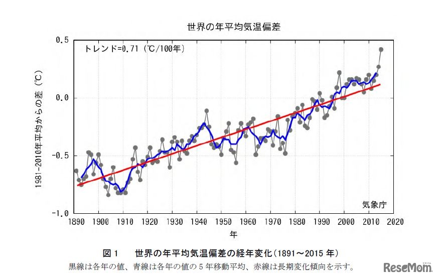 世界の年平均気温偏差の経年変化（1891～2015 年）