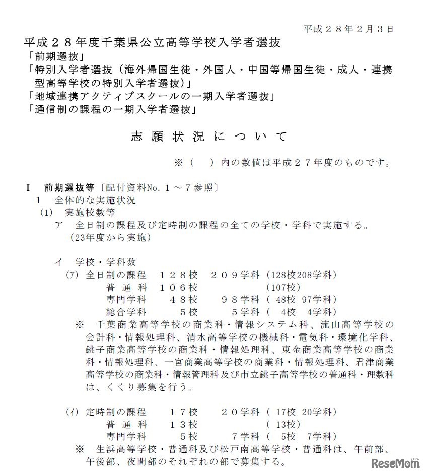 千葉県：平成28年度「前期選抜」、「特別入学者選抜」、地域連携アクティブスクール及び通信制の課程の「一期入学者選抜」の入学志願状況について（参考：平成28年2月3日　千葉県教育庁教育振興部　指導課学力向上室発表資料）