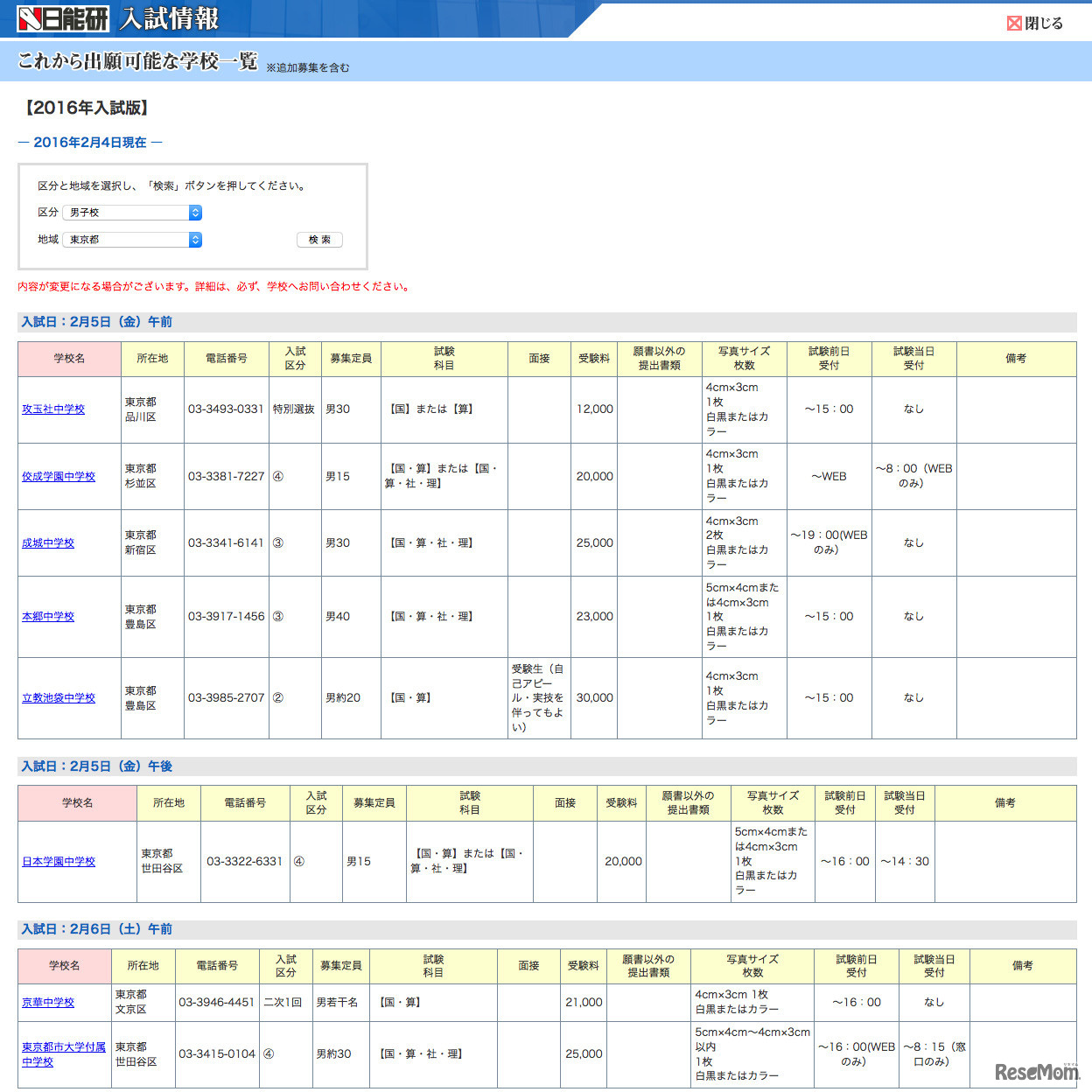 日能研「これから出願可能な学校一覧」