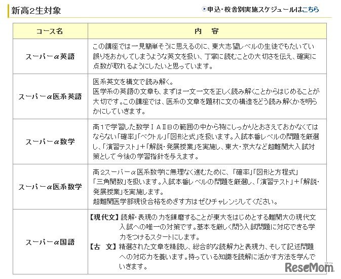 新高2生向け　コース一覧