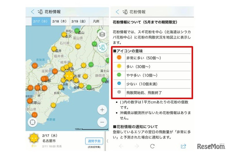 「花粉情報」と「アイコン」