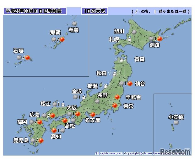 1日の全国の天気（1日12時発表）