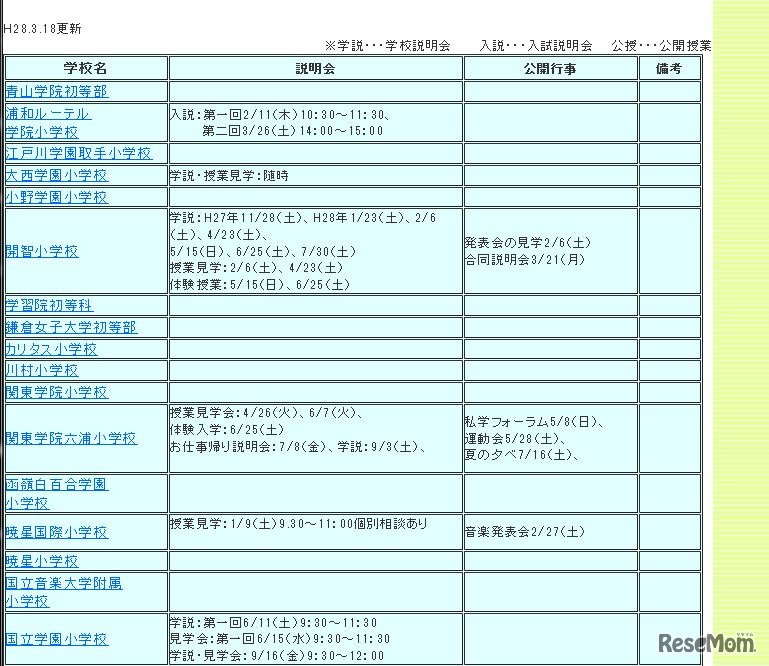 学校説明会一覧（一部）