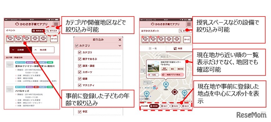 「かわさき子育てアプリ」の画面イメージ