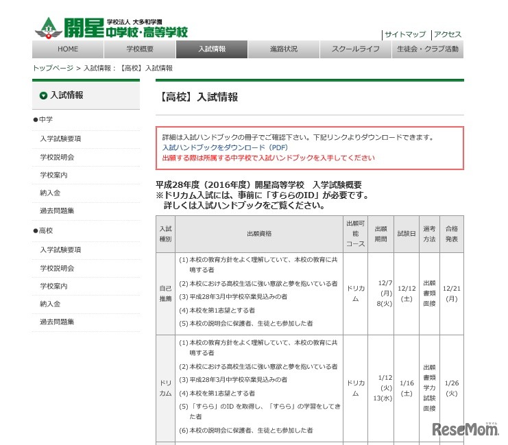 開星高校：入試情報（2016年度入試のもの）