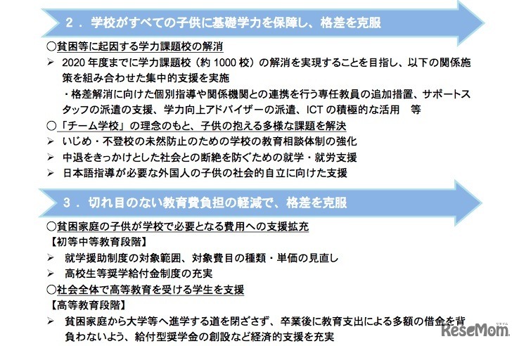 「格差克服のための教育部会」による提言（一部）