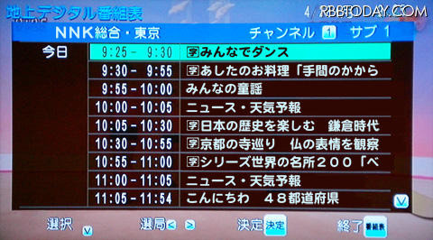 ユニデン、地上デジタルチューナー、DTH11 電子番組表の表示例