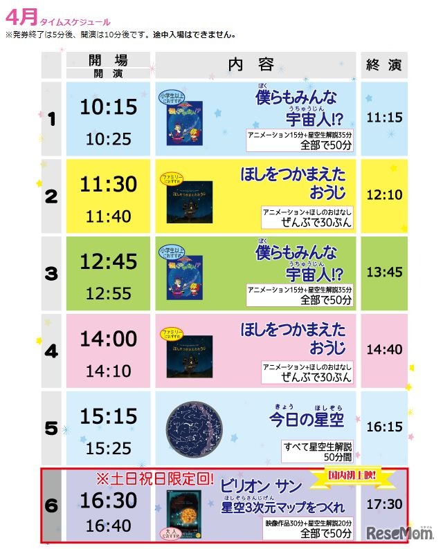 プラネタリウムのスケジュール