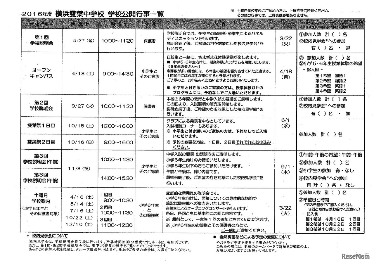 横浜雙葉中学校　2016年度　公開学校行事の一覧