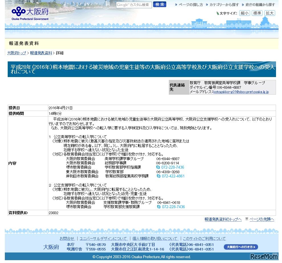 各担当窓口の電話番号