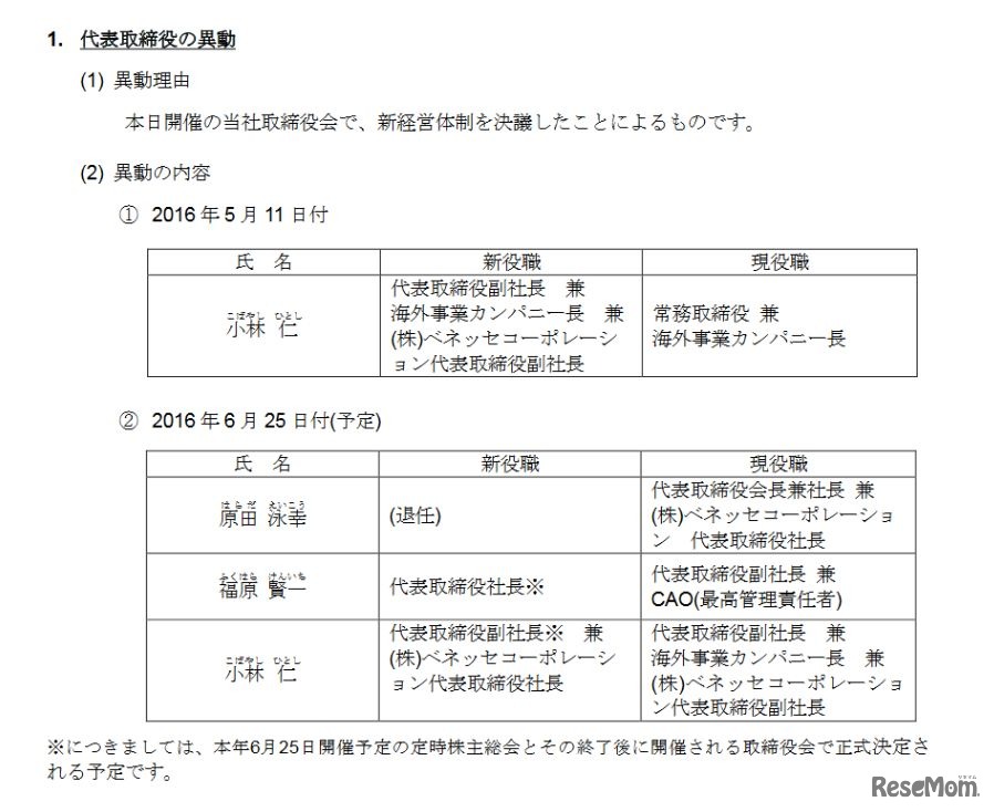 代表取締役の異動ならびに役員人事の内定に関するお知らせ