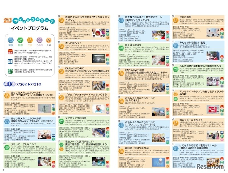 2016年夏休みサイエンススクエア 開催プログラム