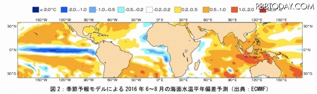 季節予報モデルによる6～8月の海面水温平年偏差予測（出典：ECMWF）
