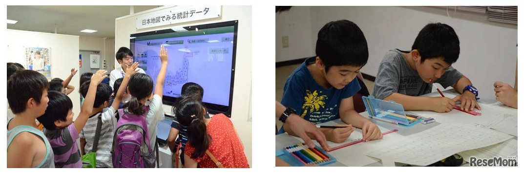 右：統計局見学ツアー、左：夏休みの自由研究をお手伝い（いずれも2015年度のようす）