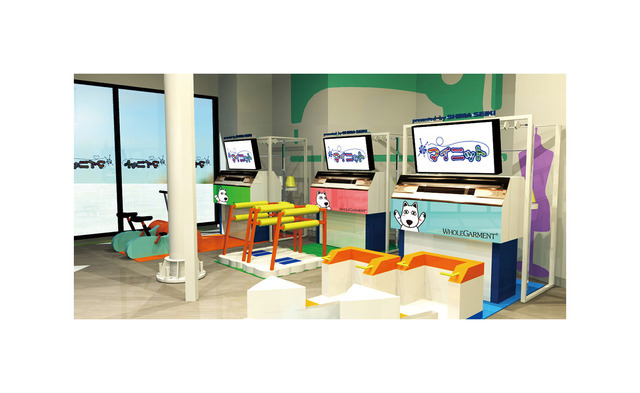 FASHION factory内の「マイニット」のイメージ画面。ペダルやボートを漕いで、ニット製品を完成させる