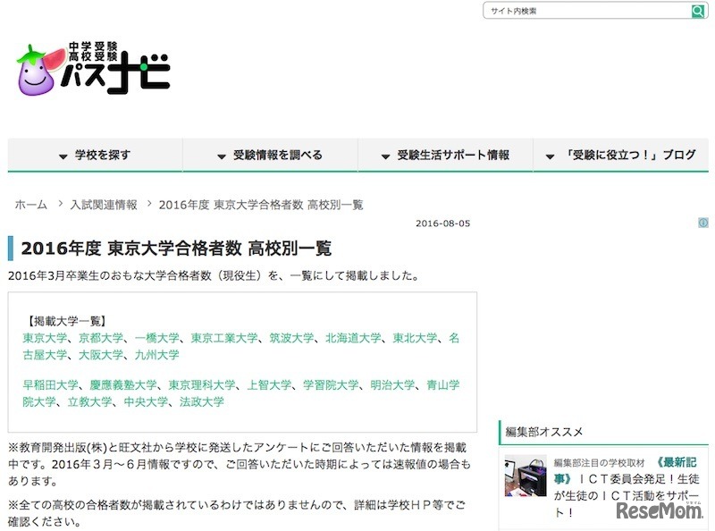 2016年度難関大学現合格者数の高校別一覧