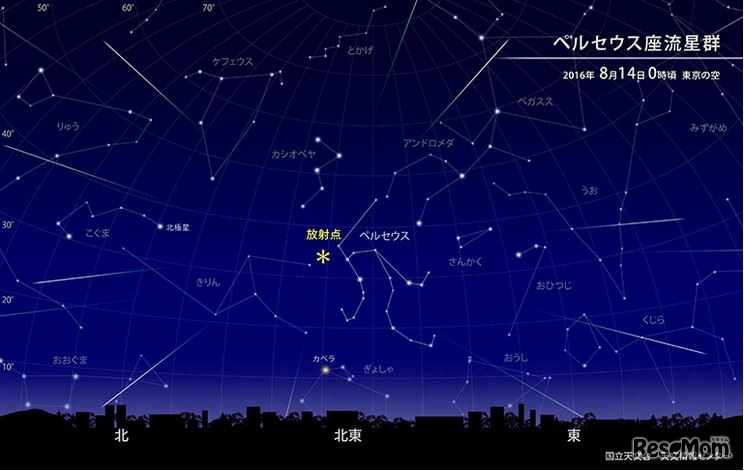ペルセウス座流星群 2016年8月14日0時頃の東京の空　（c） 国立天文台天文情報センター