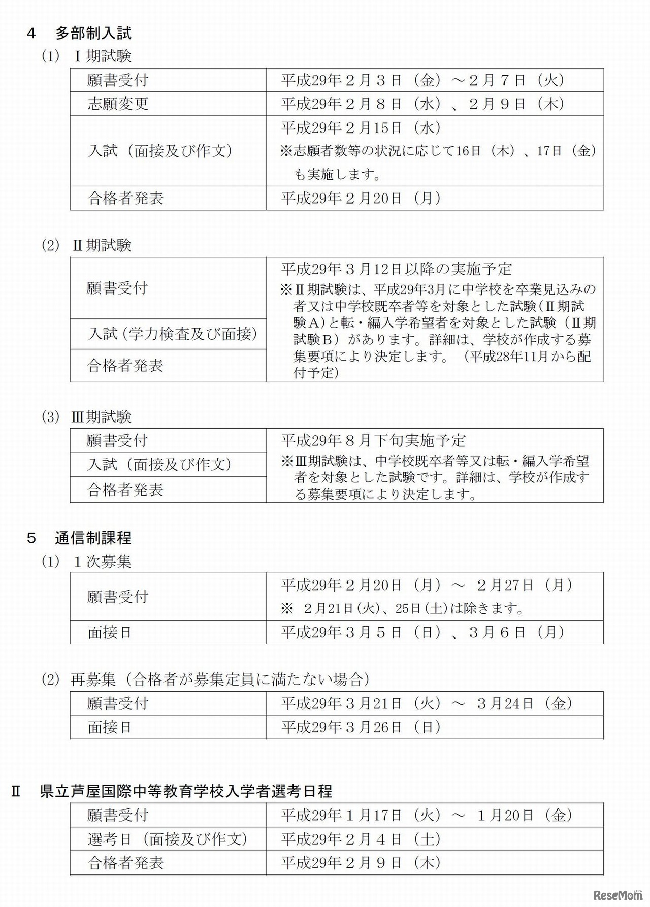 平成29年度兵庫県公立高等学校入学者選抜及び芦屋国際中等教育学校入学者選考の日程について　兵庫県公立高等学校入学者選抜日程I　