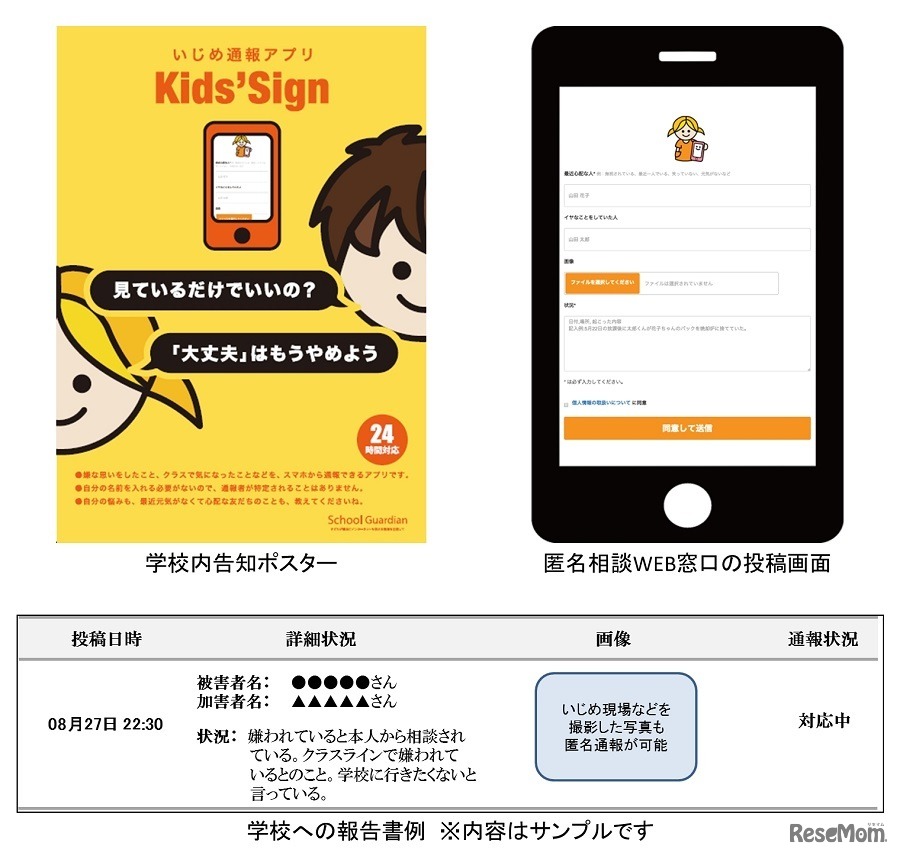匿名でいじめを通報できるスマホWebサービス「Kids’ Sign」
