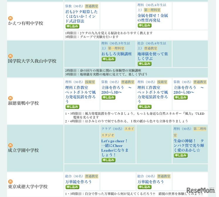体験授業スケジュール（小学生対象）