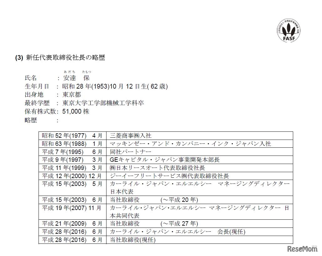 新任代表取締役社長　安達保氏の略歴