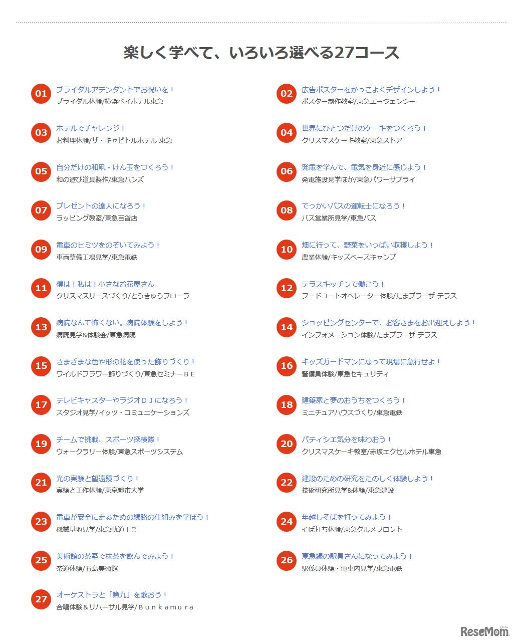とうきゅうキッズプログラム　コース一覧