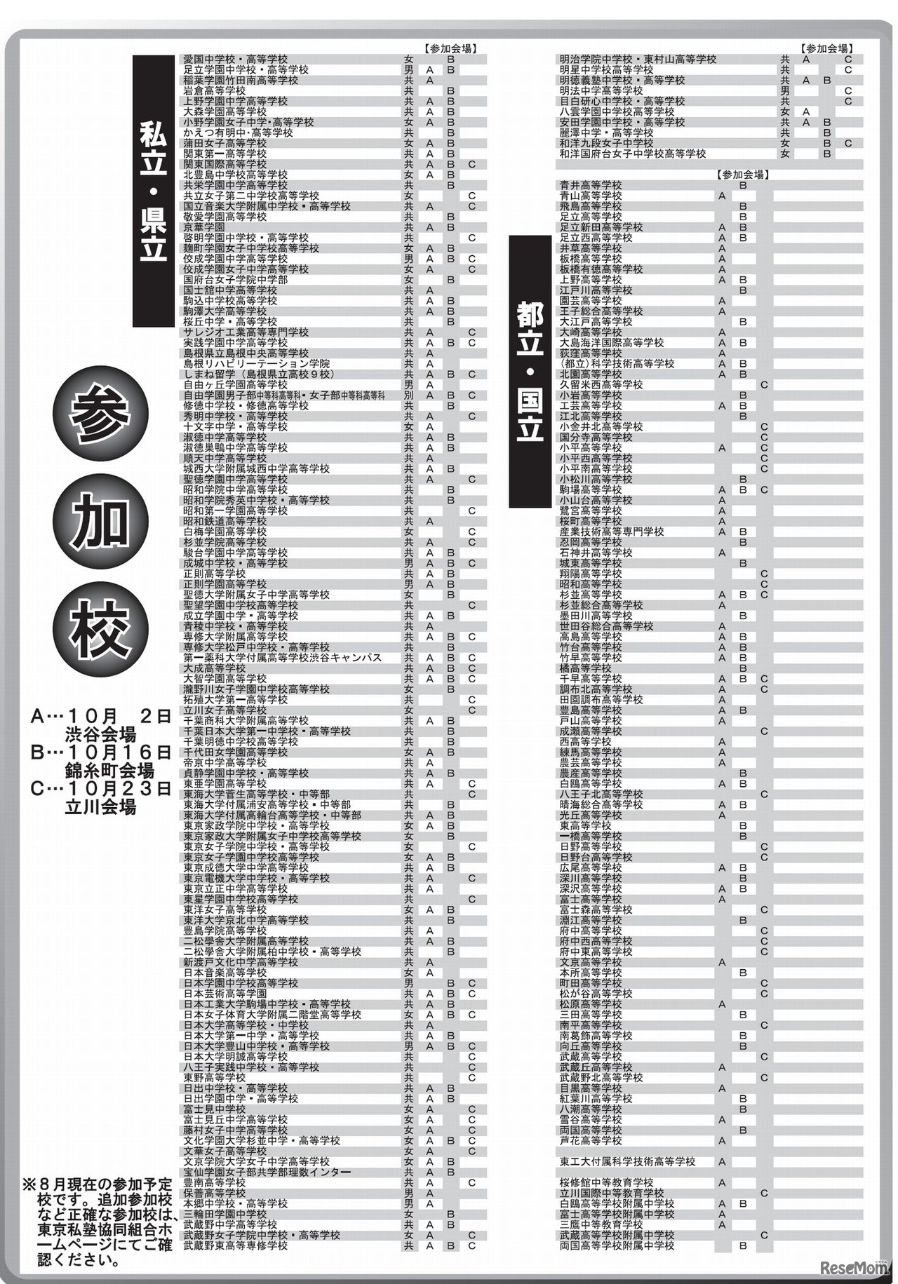 第12回親と子の私立・都立中学高校受験相談会　参加校一覧