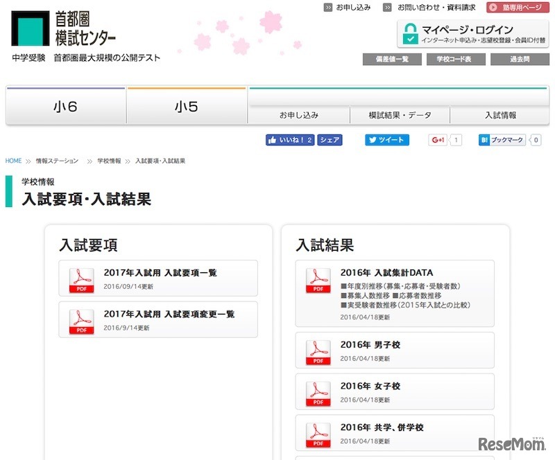首都圏模試センター「入試要項・入試結果」